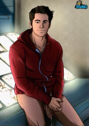 bottomless celebrity dylan_o’brien ef_drawings male male_only precum precum_drip real_person sitting smile smiling_at_viewer stiles_stilinski sweatshirt teen_wolf uncut veiny_penis