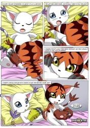 bbmbbf bed bedroom comic comic_page digihentai digimon female gatomon gatomon_in_heat_3 male male/female mikemon palcomix pillow pregnant pussy