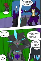 absurd_res anthro black_body black_fur blue_body blue_fur blush bodily_fluids chest_spike claws comic cute_fangs dialogue_box duo english_text facial_markings female fur genital_fluids gloves_(marking) grass head_markings hi_res kaito_ryuu khblacky97 legendary_pokémon lucario male male/female markings multicolored_body multicolored_fur nintendo open_mouth plant pokemon pokemon_(species) pokemon_unite prisma_(shylo50) purple_body purple_fur pussy_juice red_eyes scratching_head smile solo spikes spikes_(anatomy) sweat sweatdrop tan_body tan_fur text video_games zeraora