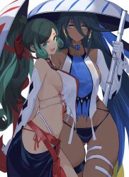 2girls ass_visible_through_thighs bare_midriff bare_shoulders barely_visible_genitalia belly_button black_hair blue_eyes breast_outline breasts cleavage dark-skinned_female dark_skin detached_sleeves dishwasher1910 eyeliner fate/grand_order fate_(series) front_view gloves green_hair hair_between_eyes hat highres large_breasts long_hair long_sleeves looking_at_viewer looking_to_the_side midriff multicolored_hair multiple_girls nakayoshi_saber navel navel_line nude open_clothes open_mouth overhang pole ponytail siblings side_view sideboob sidelocks sisters staff streaked_hair tagme thick_thighs thigh_strap thighs trung_nhi_(fate) trung_sisters trung_trac_(fate) wavy_hair white_background wide_hips yellow_eyes