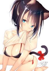 animal_ears barefoot black_hair blue_eyes bra cat_ears cat_girl cat_tail chita_(ketchup) eyebrows_visible_through_hair female female highres multicolored_hair original panties ribbon side-tie_panties simple_background sitting soles solo streaked_hair tail tail_ornament tail_ribbon underwear wariza white_background white_hair