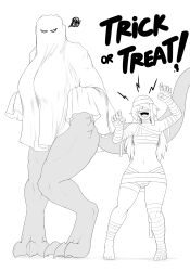 1boy 1girls abby_(redboard) bedsheet_ghost bedsheets costumes dragon dragon_girl dragoness female geo_(redboard) glaring halloween halloween_costume human knees_together_feet_apart legs male mostly_clothed redboard scowl thick_thighs trick_or_treat wide_hips