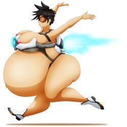 belly big_belly big_breasts breasts brown_hair elek-tronikz female huge_belly hyper_pregnancy nipples orange-tinted_eyewear overwatch pregnant short_hair tinted_eyewear tracer visor