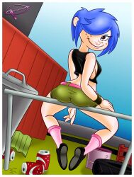 2d aged_up ass_focus blue_hair cartoon_network ed_edd_n_eddy female female_focus female_only freckles fully_clothed kanker_sisters looking_at_viewer looking_back marie_kanker millerbox(artist) no_penetration no_sex short_shorts solo solo_female