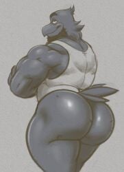 1boy andres_(elfein) anthro ass ass_focus avian bara_ass beard big_ass big_ass_(male) big_butt bottomless bubble_ass bubble_butt crow dat_ass dumptruck_ass dumptruck_butt fat_ass fat_butt furry gay grey_background huge_ass huge_butt hunnipanda looking_at_viewer male male_only muscular muscular_ass muscular_butt muscular_male plump_ass plump_butt round_ass round_butt solo solo_focus solo_male tanktop thick_ass thick_butt