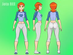 1girls ben_10 big_ass capri_pants cartoon_network clothed clothed_female clothes clothing dat_ass female female_only fully_clothed green_eyes gwen_tennyson jotabee orange_hair redhead short_hair simple_background solo teenager tight_clothing