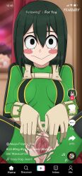 1girls alternate_version_available exposed_pussy fenqury hairless_ass hairless_pussy hero_outfit_(mha) my_hero_academia pussy tight_clothing tiktok tiktok_overlay tsuyu_asui