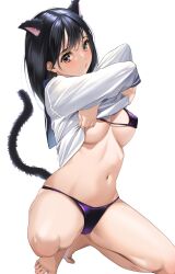 animal_ears bangs bare_legs bare_shoulders barefoot bikini black_hair blue_eyes breasts brown_eyes cat_ears cat_girl cat_tail clothes_lift extra_ears female female full_body large_breasts lifted_by_self long_hair long_sleeves looking_at_viewer navel one_knee original parted_lips purple_bikini shirt shirt_lift solo stomach string_bikini swimsuit tail tail_raised toro_tarou white_shirt