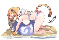 alternate_costume animal_ears animal_hands ball bare_legs bare_shoulders barefoot beach beachball bikini black_hair blush bow commentary_request den_(zeroshiki) extra_ears eyebrows_visible_through_hair female female frilled_bikini frills gloves hairbow japari_symbol kemono_friends long_hair looking_at_viewer multicolored_hair ocean orange_hair paw_gloves paws pink_bikini sand siberian_tiger_(kemono_friends) solo swimsuit tail tiger_ears tiger_girl tiger_tail twintails white_hair yellow_bow yellow_eyes