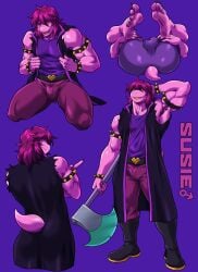 5_fingers 5_toes absurd_res anthro biceps biped bracelet bulge clothed clothing deltarune feet fingers gender_symbol hair hi_res holding_object holding_weapon ignitioncrisis jewelry male male_symbol muscular muscular_anthro muscular_male purple_body purple_hair purple_skin scalie spiked_bracelet spikes susie_(deltarune) susie_male_(deltarune) symbol tail toes undertale_(series) weapon