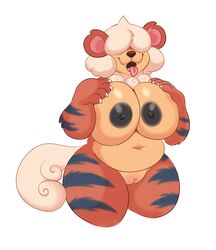 absurd_res anthro big_breasts black_nipples breasts brown_nose claws female fur genitals grey_body grey_fur growlithe hi_res hisuian_growlithe navel nintendo nipples orange_body orange_fur overweight pink_tongue pokémon_(species) pokemon pokemon_(species) pokemon_legends:_arceus pussy regional_form_(pokémon) simple_background solo stripes tan_body tan_fur tongue tongue_out video_games vixentine white_background white_body white_fur