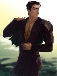 1boy big_eyebrows big_lips black_hair black_hair_male blurred_background chest chest_hair classy classy_male clothed clothing exposed_chest eyebrows jacket_over_shoulder jojo's_bizarre_adventure jotaro_kujo latino latino_male lisachoi male male_only manly muscular_neck neck pecs shirt short_hair short_hair_male signature solo solo_focus stardust_crusaders thick_eyebrows thick_neck unbuttoned unbuttoned_shirt wide_jaw wide_shoulders