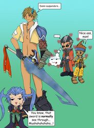 4boys artist_request auron_(final_fantasy) english_text final_fantasy final_fantasy_x male male_only naked seymour_guado text tidus video_games wakka