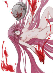 1girls blood breasts elfen_lied falling female female_only hair_over_one_eyes helmet long_hair lucy_(elfen_lied) navel nipples nude pink_hair red_eyes solo