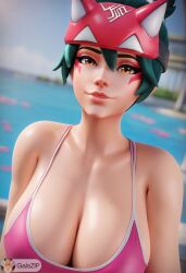 ai_generated big_breasts cute galszip green_hair huge_breasts kiriko_(overwatch) kiriko_kamori orange_eyes overwatch overwatch_2 pink_swimsuit swimsuit swimwear