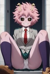 1girls ai_generated ashido_mina boku_no_hero_academia legs_apart legs_spread looking looking_at_viewer mina_ashido my_hero_academia panties pantyshot pink_body pink_hair school_uniform schoolgirl solo solo_female underwear upskirt white_panties yellow_eyes