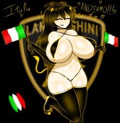 4k almost_naked armwear ass black_hair blurry_background breasts breasts_bigger_than_head bull busty character_request choker closed_eyes excited flag gold gold_(metal) heart hi_res high_heels highres holding_object horn horns horny horny_female huge_breasts italian italian_female italian_flag italian_text lamborghini legwear long_hair messy_hair micro_bikini milkers oc open_mouth original original_character proud shiny shiny_breasts shiny_clothes shiny_hair shiny_skin squish squished_breasts squishy tail tattoo text thick_ass thick_thighs thighhighs thighs