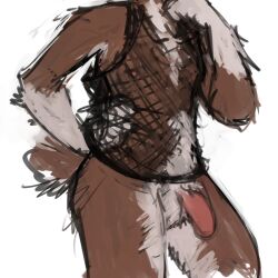 2023 anthro bottomless brown_body brown_fur clothed clothing countershade_legs countershade_torso countershading digital_drawing_(artwork) digital_media_(artwork) domestic_cat felid feline felis fishnet fishnet_clothing fishnet_shirt fishnet_topwear flaccid fluffy fluffy_tail foreskin fur genitals gloves_(marking) guide_lines hairy hand_on_hip hi_res humanoid_genitalia humanoid_penis male male_only mammal markings mostly_nude nipples penis pochowek simple_background skala solo tail topwear white_background white_body white_fur