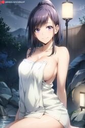 ai_generated bangs bare_shoulders black_hair blush breasts cleavage closed_mouth collarbone edosynf female highres korean_female lantern large_breasts long_hair looking_at_viewer naked_towel night onsen outdoors ponytail purple_eyes purple_hair rock self_upload sideboob sidelocks sitting sky smile solo solo_leveling sung_jin-ah sung_jin_ah thighs towel water wet