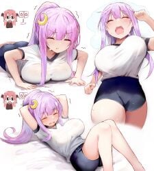 big_breasts bouncing_breasts chibi closed_eyes clothed clothing efe excercise female full_body fully_clothed huge_breasts koakuma light-skinned_female light_skin open_mouth patchouli_knowledge ponytail purple_hair thick_thighs thighs touhou working_out