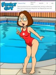 brown_hair brown_hair brunette_hair cameltoe family_guy female glasses lifeguard lifeguard_swimsuit meg_griffin nerdy_female pool red_swimsuit sexfightfun swimming_pool swimsuit