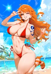 1girls ai_generated bare_arms bare_legs bare_shoulders bare_thighs beach big_breasts bikini bikini_bottom bikini_top blush clothed clothing color female female_focus female_only geo-san hi_res large_breasts light-skinned_female light_skin long_hair looking_at_viewer nami nami_(one_piece) one_piece orange_eyes orange_hair post-timeskip sand sea shounen_jump solo solo_female tagme tattoo thick_thighs water