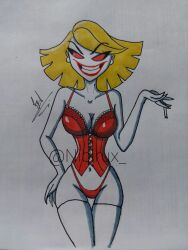 2021 big_breasts blonde_hair breasts cigarette cleavage corset hazbin_hotel katie_killjoy lingerie nibirux pearl_earrings red_eyes smile solo solo_female thick_thighs thighhighs thong traditional_drawing_(artwork) traditional_media_(artwork) underwear vivienne_medrano vivziepop