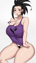 big_breasts black_hair black_thong blush bobtheneet cleavage female looking_at_viewer momo_yaoyorozu my_hero_academia thick_thighs