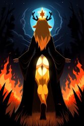 ai_generated anthro antlers arson arsonist ass back back_view crown deer deer_girl deltarune diplive7 evil fire furry noelle_holiday outdoors robe star storm toby_fox