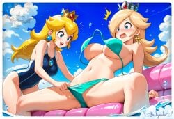 2025 ai_generated beach_background belly bellyanka black_eyebrows blonde_eyebrows blonde_girls blonde_hair_female blue_bikini blue_earrings blue_eyes_female blue_swimsuit boobs_out bra_pull breasts breasts_out deviantart female golden_crown hand_on_panties long_hair_female looking_at_another's_vagina nintendo one_eye_visible open_mouth pink_cheeks princess_peach princess_rosalina shocked_female silver_crown star_earrings super_mario_bros. tummy wet_belly wet_body wet_boobs wet_breasts wet_face wet_hair wet_hands wet_head wet_legs
