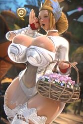 armor basket blonde_hair bunny_ears coel3d condom female final_fantasy_xiv full_body inviting kan-e-senna looking_at_viewer mature_female pubic_hair solo square_enix