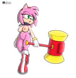 amy_rose boots chains clothing collar eulipotyphlan female footwear fours_(artist) green_eyes hammer hedgehog hi_res mammal mostly_nude naked_footwear pink_body sega solo sonic_(series) sonic_the_hedgehog_(series) tools wristband