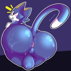 animal_crossing anthro ass axiscatt backsack balls blue_body blue_fur bodily_fluids felid feline fur genitals hi_res looking_back male mammal nintendo pupils red_pupils rover_(animal_crossing) solo sweat
