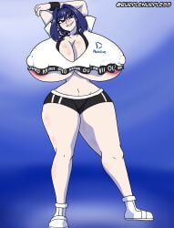 blue_eyes blue_hair breasts_peeking_out_of_shirt burplenurpless curvaceous hololive hololive_english huge_breasts large_breasts massive_breasts ouro_kronii thick_thighs virtual_youtuber voluptuous