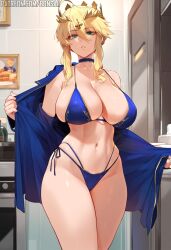 ai_generated artoria_pendragon artoria_pendragon_(lancer) blonde_hair bons_ai fate_(series) huge_breasts lingerie looking_at_viewer massive_breasts showing_off solo teasing_viewer undressing wide_hips