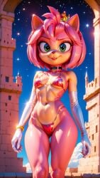 ai_generated amy_rose anthro autismmix_pony(model) bikini bracelet castle choker crown female furry gloves green_eyes headband lipstick looking_at_viewer outdoors pink_fur pink_hair princess_peach_(cosplay) shiny_skin smile solo sonic_(series) space stable_diffusion standing stars two-tone_fur