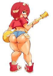 1girls 2020s 2023 ass ass_cheeks blush booty_shorts box_chan clothed clothing crop_top female footwear furry guitar jeans lammy_lamb looking_at_viewer looking_back musical_instrument parappa_the_rapper red_hair red_shirt red_shoes sheep shirt shoes shorts socks sony_interactive_entertainment um_jammer_lammy wristwear