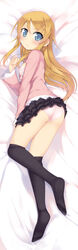 ass black_legwear black_thighhighs blonde_hair blue_eyes blush bra dakimakura female female_only highres human kashiwamochi_yomogi kirino_kosaka legs lingerie long_hair long_image lying my_little_sister_can't_be_this_cute open_clothes ore_no_imouto_ga_konna_ni_kawaii_wake_ga_nai panties pointy_chin solo tall_image thighhighs underwear