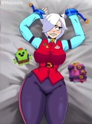 bed big_breasts brawl_stars breasts colette_(brawl_stars) hips lying_on_bed majusuco notebook spike_(brawl_stars) thick_thighs tied_to_bed white_hair