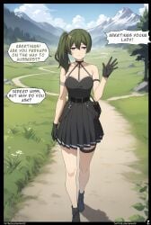 1girls ai_generated black_dress black_panties comic english_text female_only front_view gloves green_hair nyxworks page_2 page_number scenery sousou_no_frieren standing ubel_(sousou_no_frieren) violet_eyes