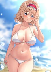 alice_margatroid aqua_eyes bikini blonde_hair blue_sky blurry blurry_background blush breasts cleavage cloud commentary_request female frilled_hairband frills hairband highres large_breasts looking_at_viewer navel open_mouth outdoors partial_commentary red_hairband reijing_etrn short_hair sky solo swimsuit touhou white_bikini