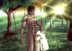 2boys berserk big_balls black_hair blowjob dark_skin fellatio femboy forest gay griffith guts_(berserk) hand_on_head kokobiel long_hair male male_only multiple_boys nude nude_male oral oral_sex pale_skin short_hair white_hair woods yaoi