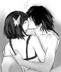 1boy 1girls akiko_yosano bath bob_hair bra breasts bungo_stray_dogs couple cum female hairclip hands kissing male moaning rough rub sex straight tecchou_suehiro