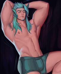 armpits arms_behind_head blue_eyes bulge gaditaahart gaydita_art green_hair hair league_of_legends looking_at_viewer male male_only muscular muscular_male pubic_hair rakan solo star_guardian_rakan star_guardian_series underwear vastaya