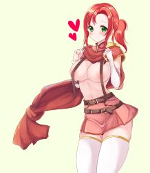 1girls areola_slip areolae bare_midriff bare_thighs belt breasts breasts_out female female_only fire_emblem fire_emblem:_new_mystery_of_the_emblem green_eyes heart large_breasts long_sleeves looking_at_viewer midriff miyako_(mongcocoa) nintendo norne_(fire_emblem) ponytail red_hair scarf short_hair skindentation skirt smile solo suspenders thighhighs thighs yellow_background