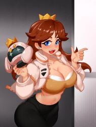 1girls ass blue_eyes breasts brown_hair cleavage clothing crossover crown female female_only jacket little_blood looking_at_viewer mario_(series) navel nintendo open_mouth pearl_(splatoon)_(cosplay) princess_daisy solo solo_female solo_focus splatoon splatoon_(series) splatoon_3 splatoon_3:_side_order standing