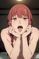 1girl 1girls after_sex ai_generated bedroom braided_hair braided_ponytail chainsaw_man cum cum_in_mouth cum_kiss cum_on_hair cum_on_tongue doctork female hands_on_chin hands_on_face hands_together makima_(chainsaw_man) on_bed pov red_hair ringed_eyes upper_body yellow_eyes