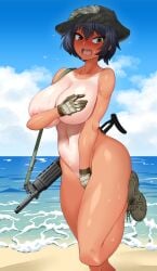 beach big_breasts blush blushing breasts camo covering covering_breasts covering_crotch embarrassed embarrassed_nude_female enf exposed_torso female female_focus female_only firearm footwear glove gun handwear hat headwear hitch_(hitch_driessen/perotoss400/kirochef) human large_breasts naked naked_female nipple_slip nipples nude nude_female ocean pale_skin rifle rokmc_chan sand sharp_teeth solo solo_female solo_focus tactical_nudity tanline tomboy weapon