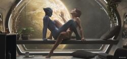 2girls 3d alien alien_girl asari barefoot blue_skin feet female_only femshep interspecies interspecies_yuri koelet3d lesbian_sex liara_t'soni mass_effect pussy scissoring space toes tribadism yuri