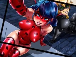 1boy 1girls bare_arms bare_legs bare_shoulders bare_thighs big_breasts blonde_hair blue_eyes blue_hair blush cat_noir color female foxyart green_eyes hi_res ladybug_(character) large_breasts light-skinned_female light_skin looking_at_viewer male male/female marinette_cheng miraculous_ladybug nipples_visible_through_clothing selfie short_hair superheroine tagme thick_thighs